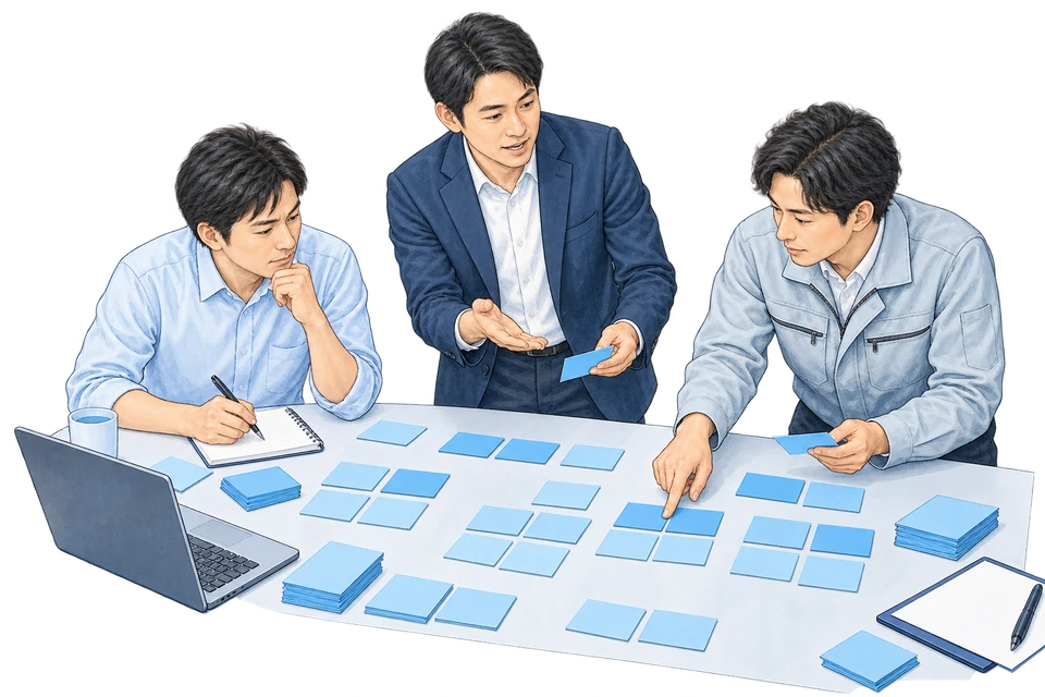 社員と作業を書き出し、業務を棚卸しする説明用イラスト