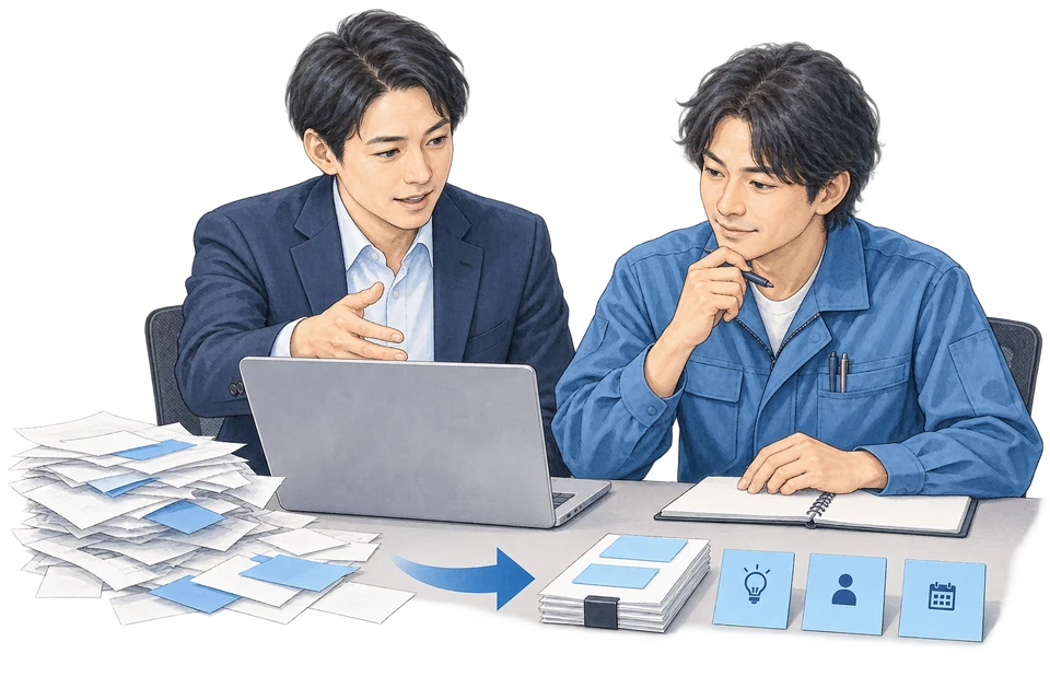 会議の記録から決定事項と担当を整理する説明用イラスト