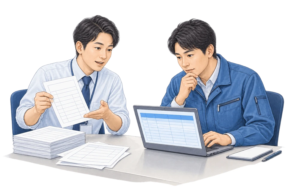 繰り返す事務作業と入力の手順を確認する説明用イラスト