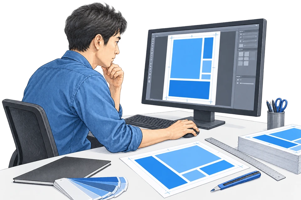 サイズや原稿に合わせて制作物を整える説明用イラスト