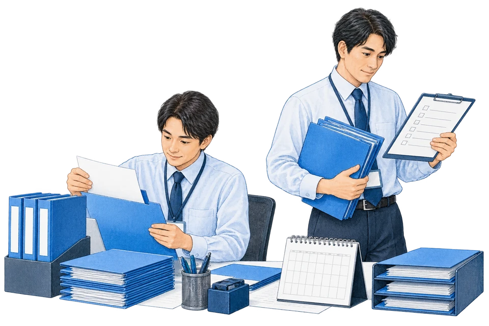 制作に必要な原稿や日程を整理する説明用イラスト