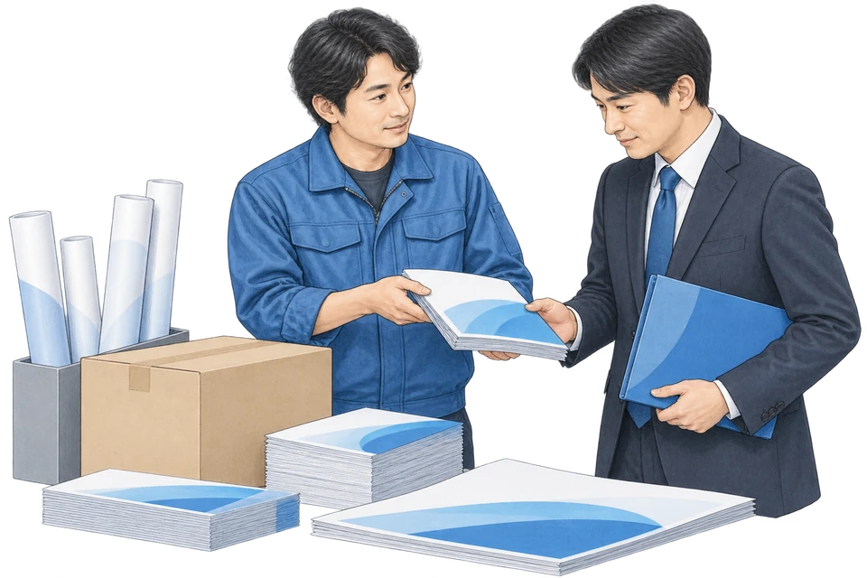 制作物の数量と仕様を確認し、納品する説明用イラスト